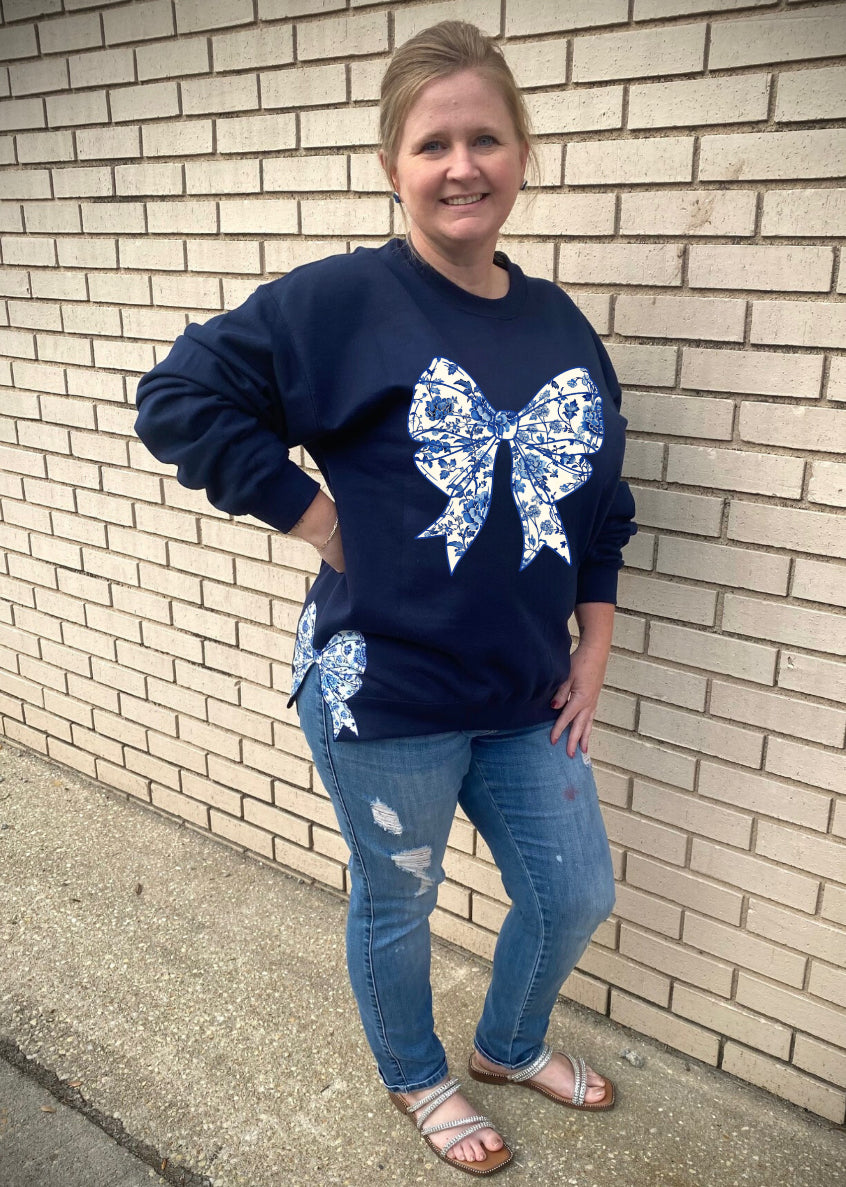 Blue Floral Bow with Side Bows Sweatshirt