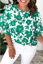 Load image into Gallery viewer, Green Floral Ruffle Sleeve Blouse
